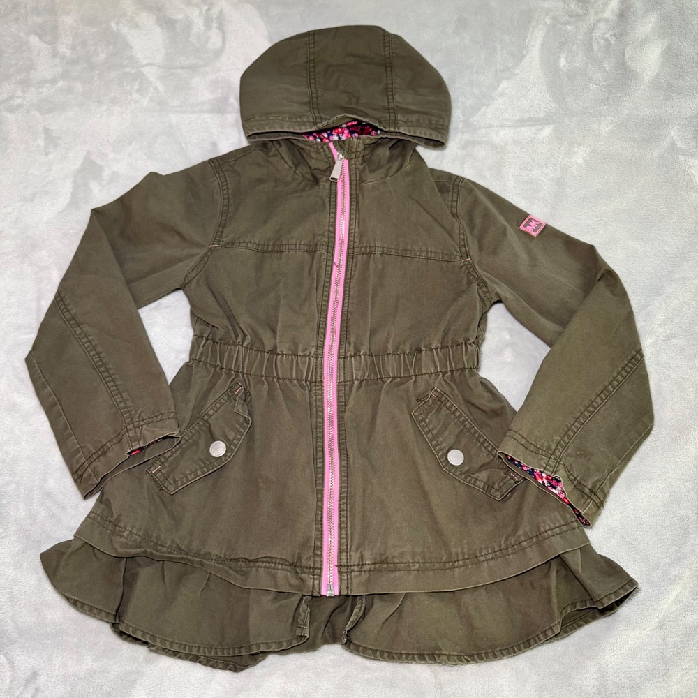 Michael Kors Girls Olive Green Peplum Utility Jacket Pink Zip Hooded Size 6X EUC
